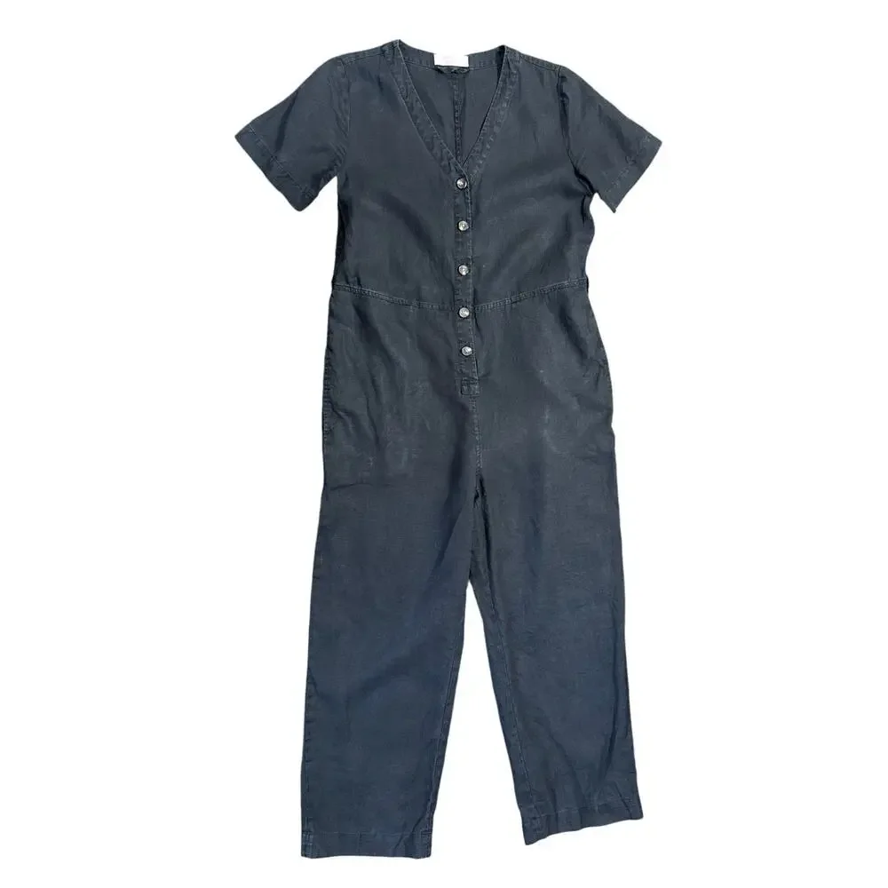 Everlane 100% Linen Short Sleeve Cropped Jumpsuit in Black Jumpsuit Size 4